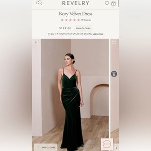 Revelry- Rory Velvet Dress size 6- color Emerald 613